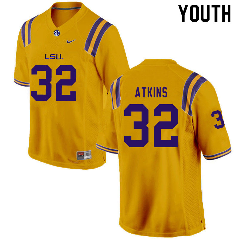 Youth #32 Avery Atkins LSU Tigers College Football Jerseys Sale-Gold